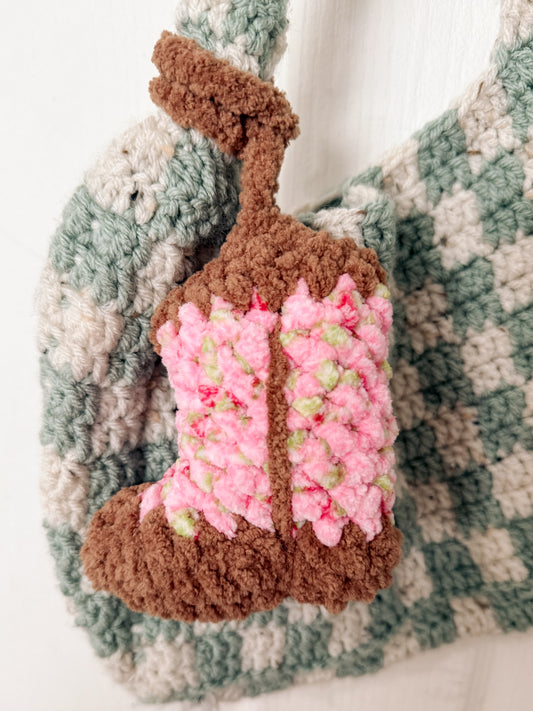 Dusty Rose Rider: Cowgirl Boot Bag Charm - Crochet Bag Charm