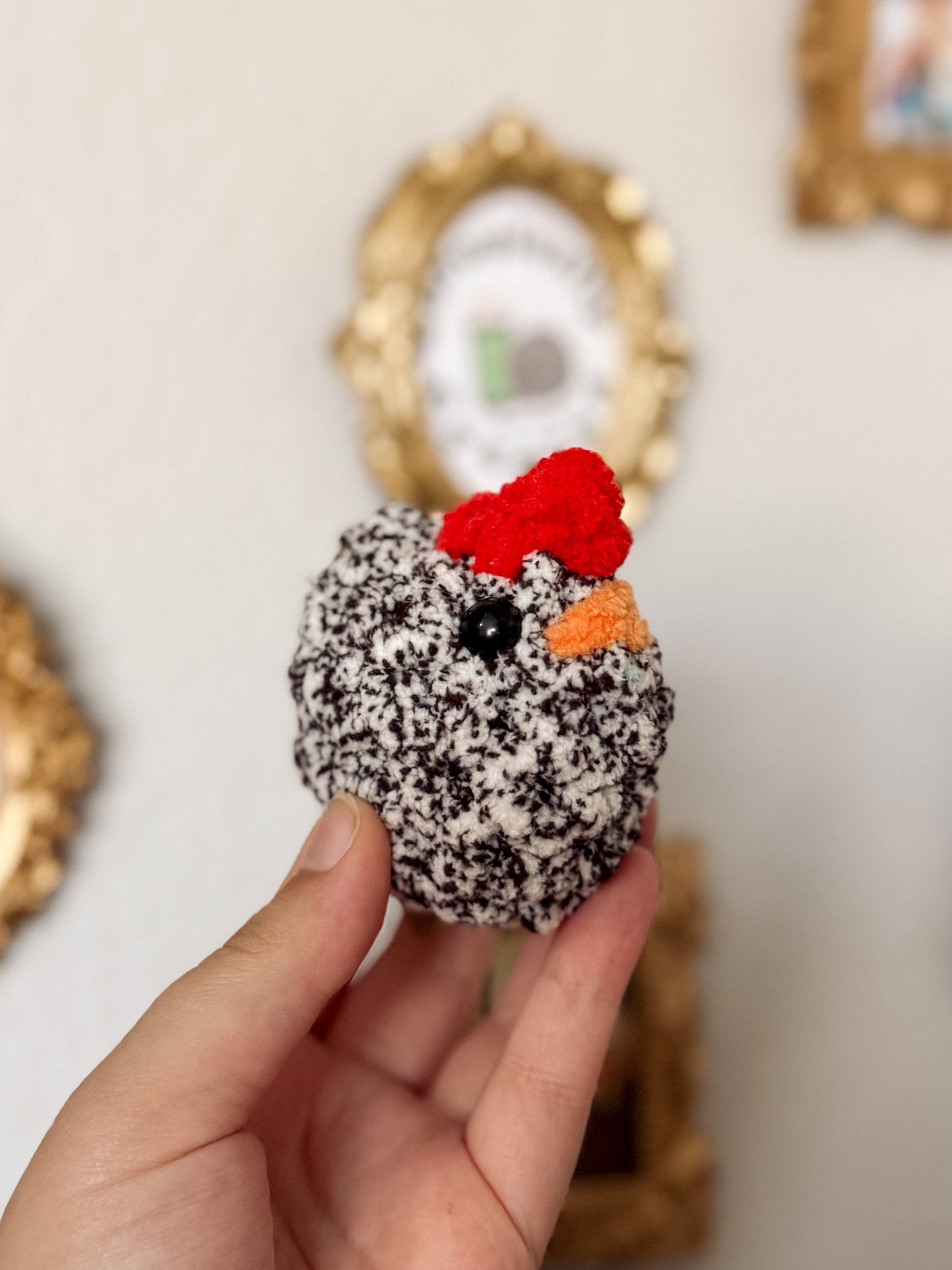 Teeny Tiny Carlie the Chicken (Black and White Speckle) - Crochet Plushie