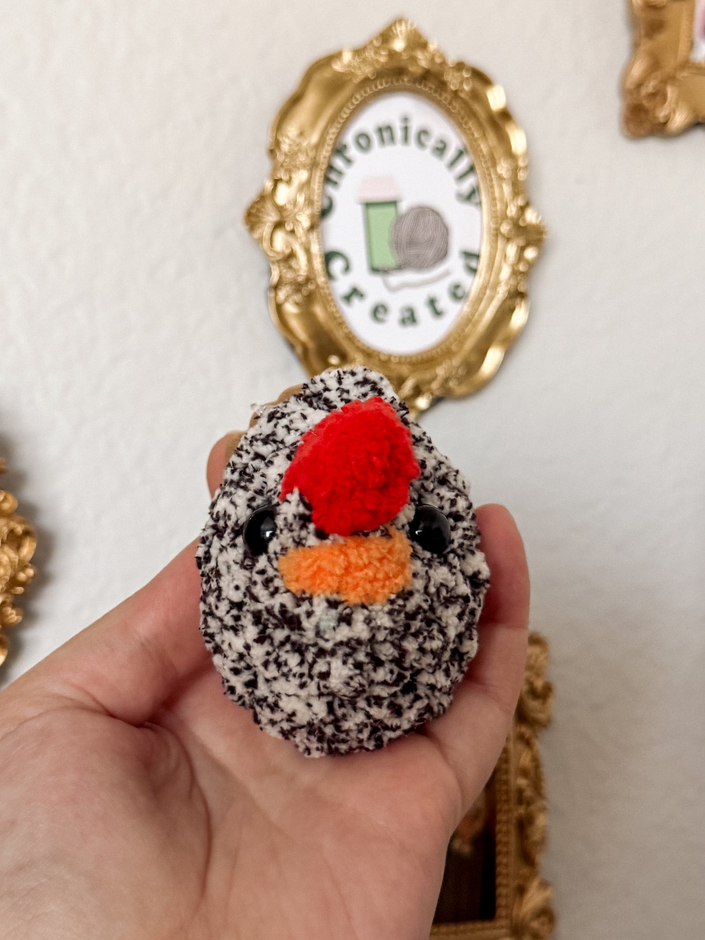 Teeny Tiny Carlie the Chicken (Black and White Speckle) - Crochet Plushie